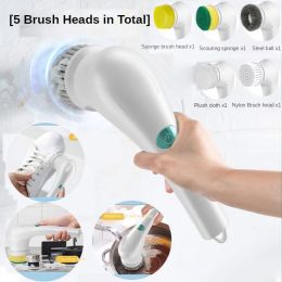 1pc New Electric Cleaning Brush 5 Brush Heads Cleaner Multifunctional Cleaning Pots And Dishes Kitchen Bathroom Bathtub; Glass